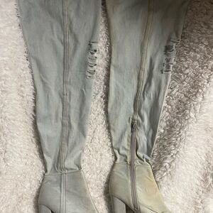 Hot tomato faded blue Denim over the knee heels boots peep toe block heels SZ9M